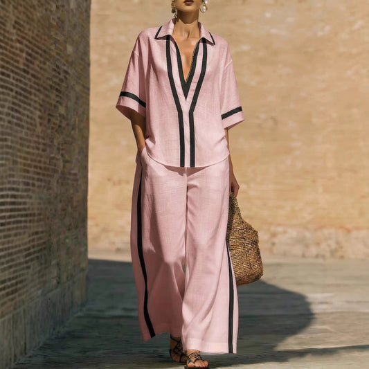 Fashionable Loose Casual Color-Block Short-Sleeve Shirt And Wide-Leg Pants Two-Piece Set