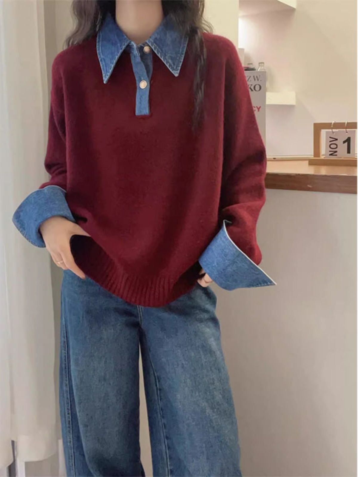Women's Denim Sleeve Stitching Fake Two Pieces Sweaters Coat New Loose