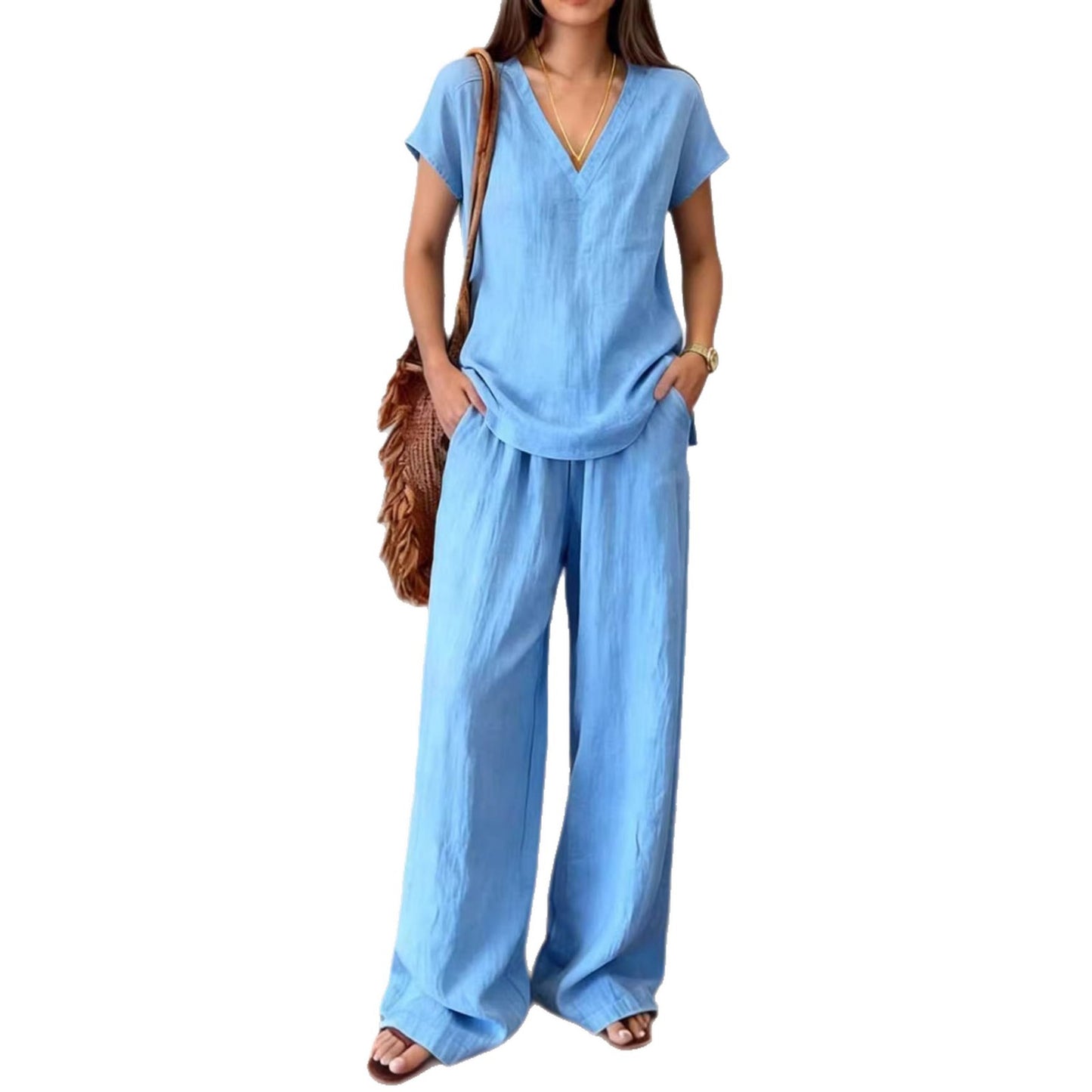 Fashionable V-neck Short-sleeve T-shirt And Wide-leg Pants Womens Suit