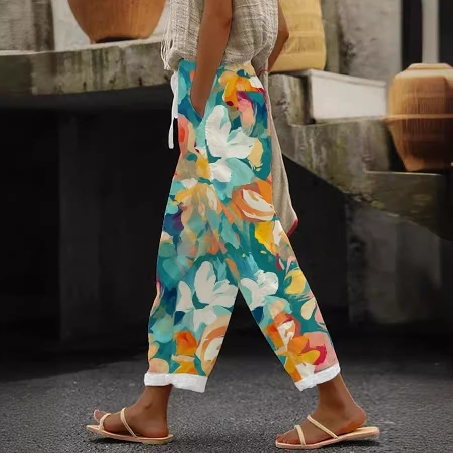 Digital Flower Printing Rag-eared Casual Pants