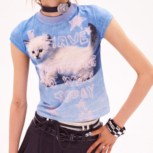 Vintage Print Round Neck Slim-fit Tops Women