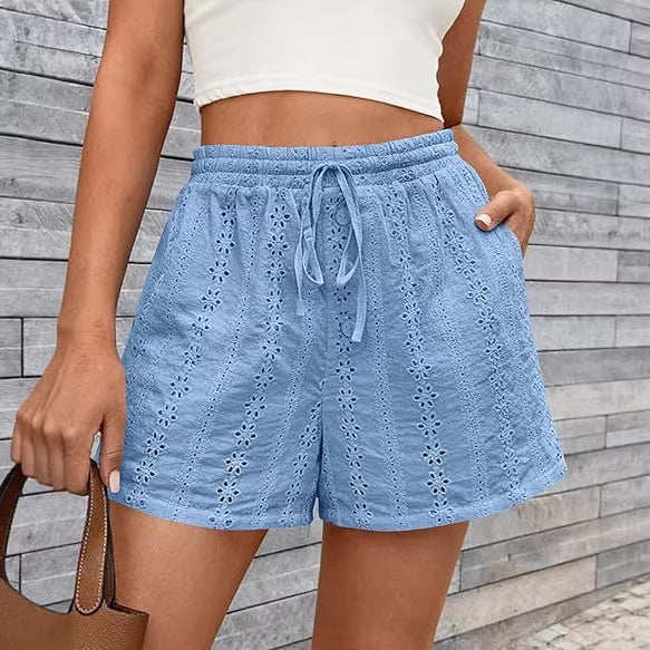 Solid Color Elastic Waist Drawstring Beach Shorts For Women