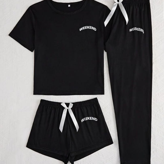 Homewear Pajamas For Women Lettered Black Three-piece Suit