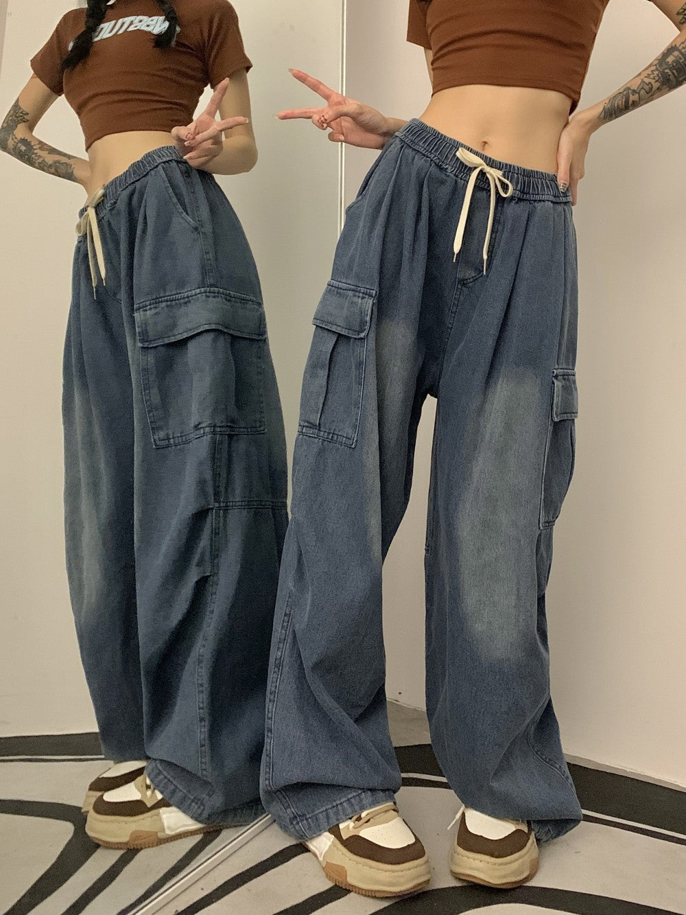 Niche Design Women's Retro Loose Patch Pocket Workwear Denim Jeans