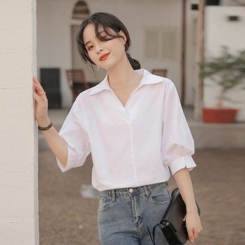Idle Style Lapel White Shirt Casual V-neck Loose Lantern Sleeve