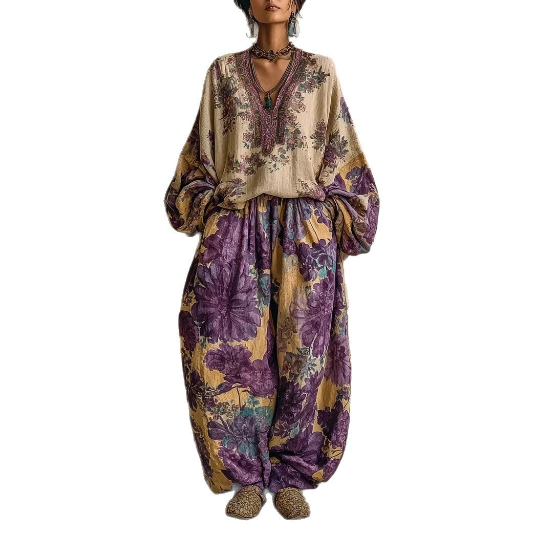 Retro Positioning Floral Women's Loose Casual Suit