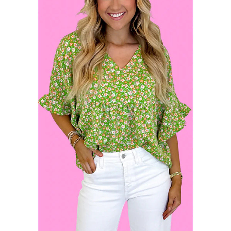 Early Spring New Floral Printed V-neck Pullover Women Loose Lotus Leaf