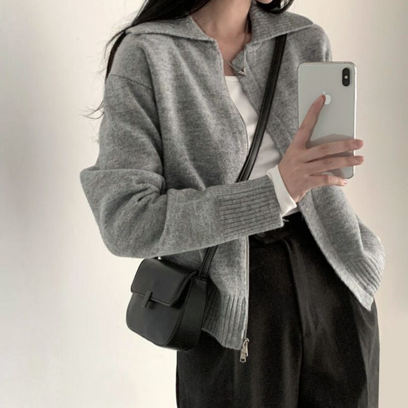 Polo Collar Double-headed Zipper Sweater Cardigan