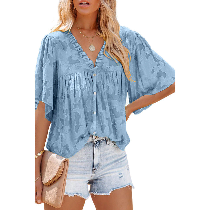 Women's Fashion V-Neck Half Sleeve Chiffon Shirt