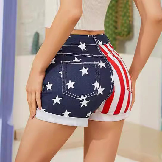 Creative National Flag Print Denim Womens Shorts