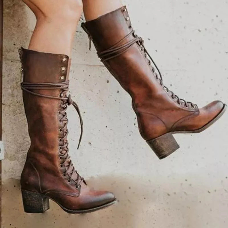 New Lace-up Boots Women's Boots Thick Heel Plus Size 40-43