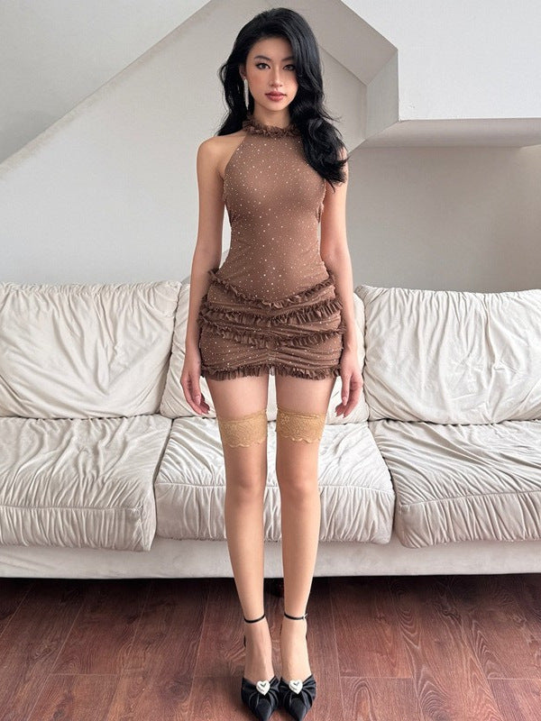 European And American-style Alluring Backless Lace-up Sparkly Halter Dress