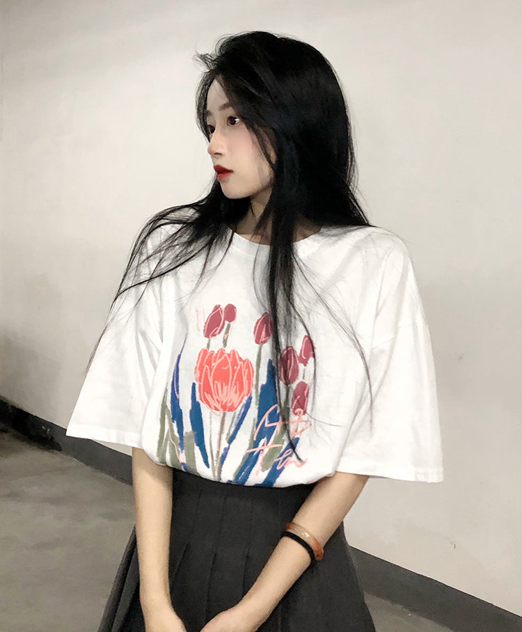 Women's Retro Loose Graffiti Cotton Short Sleeve T-Shirt