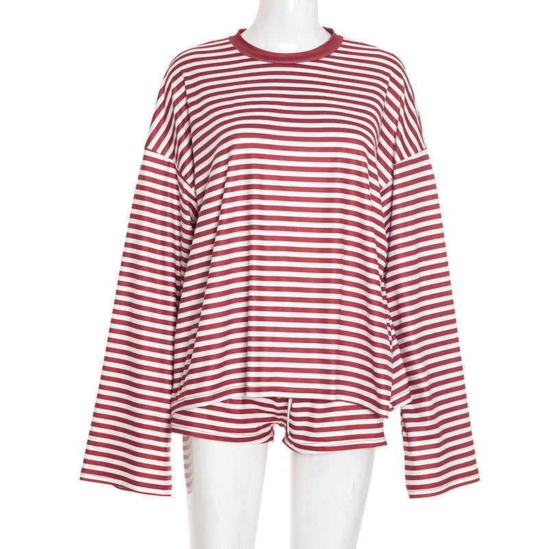 Comfortable Relaxed Casual Striped Drawstring Shorts Set
