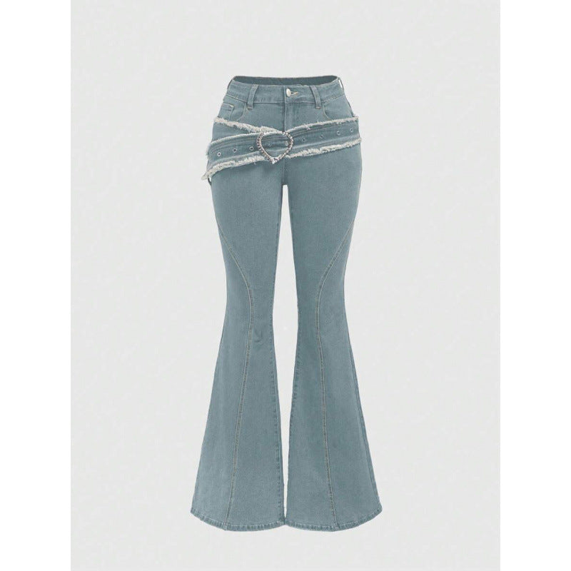 Punk-style Vintage Metal Heart-shaped Belt Frayed-edge Jeans