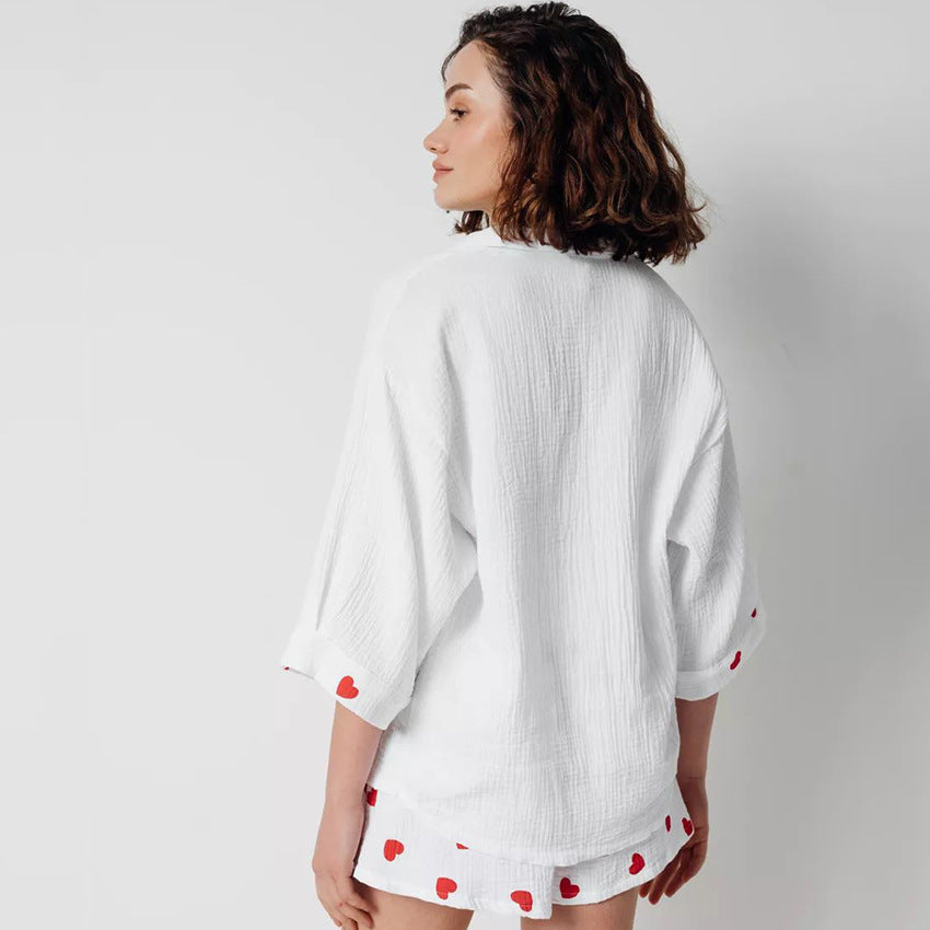 Cotton Homewear Set Heart-printed Three-quarter-sleeve Top And Shorts