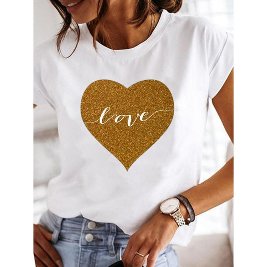 Leopardprint Love Casual Retro Print Plus Size T-shirt til kvinder i hvid med korte ærmer