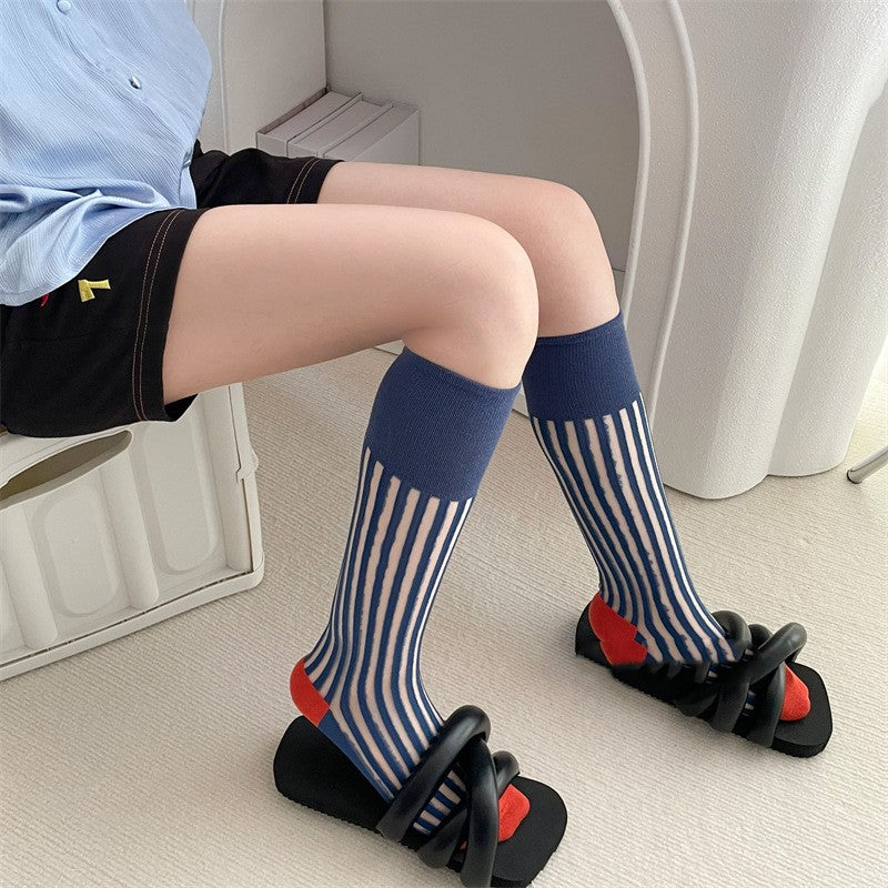 Summer Thin Long Vertical Bar Calf Socks