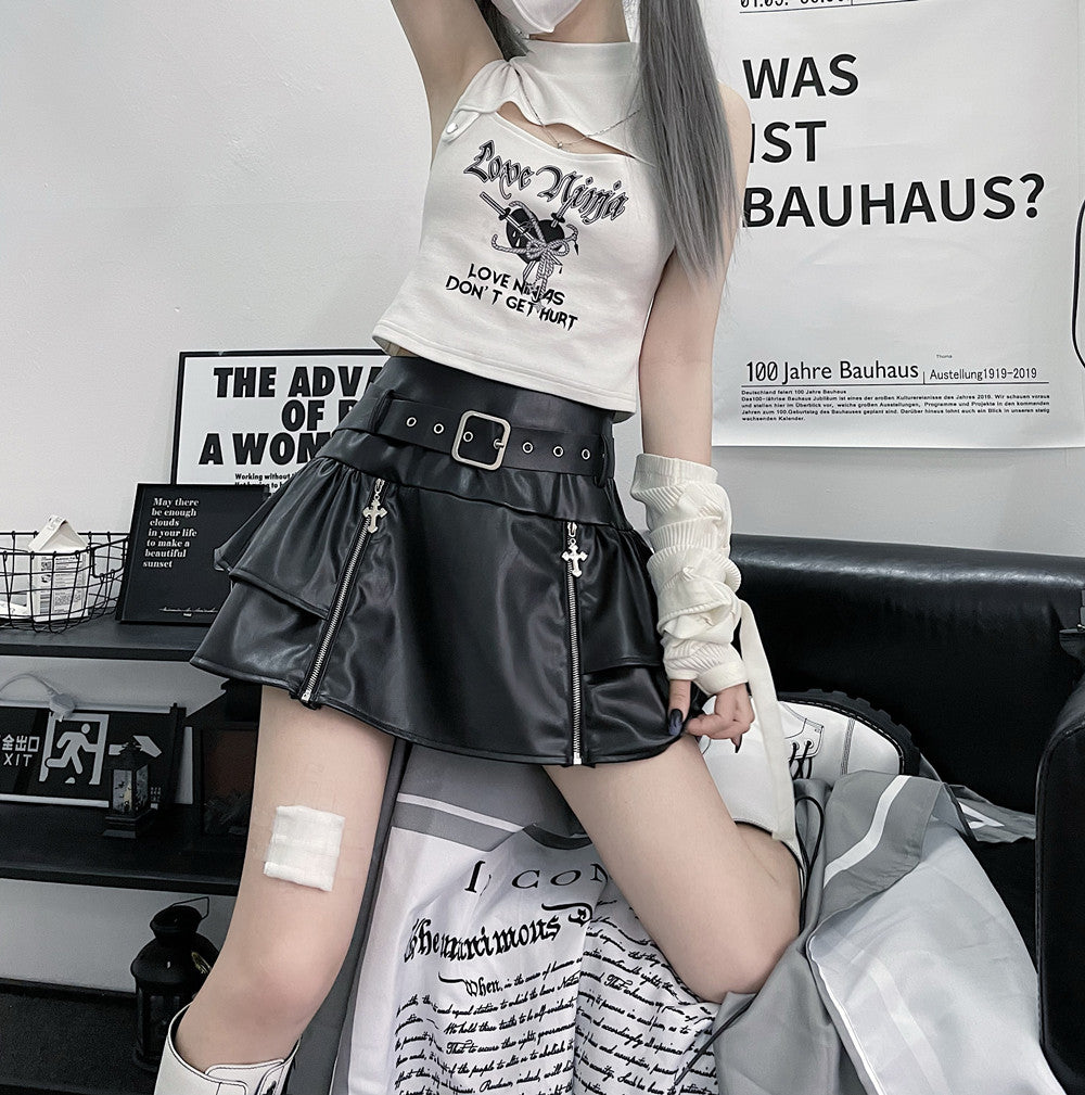 Dark Style Cross Lace-up Slimming Leather Skirt