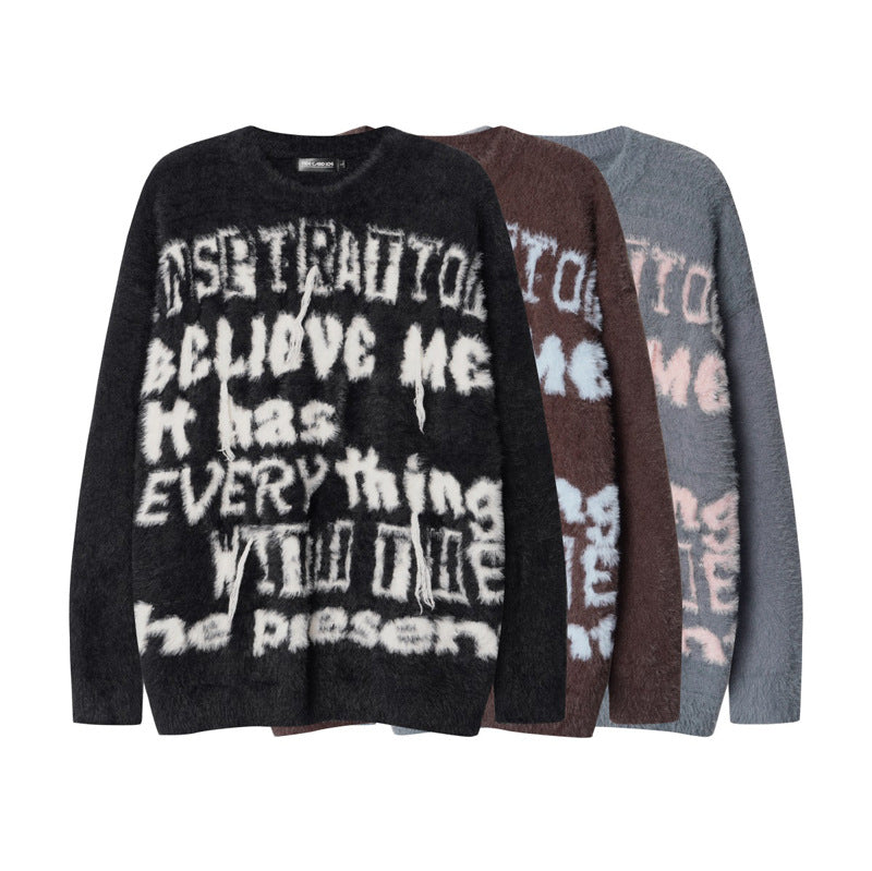 Retro Fashion Brand Contrast Color Letter Tassel Sweater Men