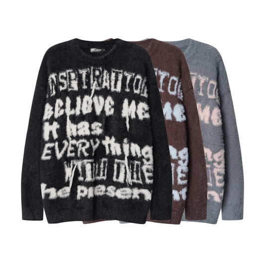 Retro Fashion Brand Contrast Color Letter Tassel Sweater Men