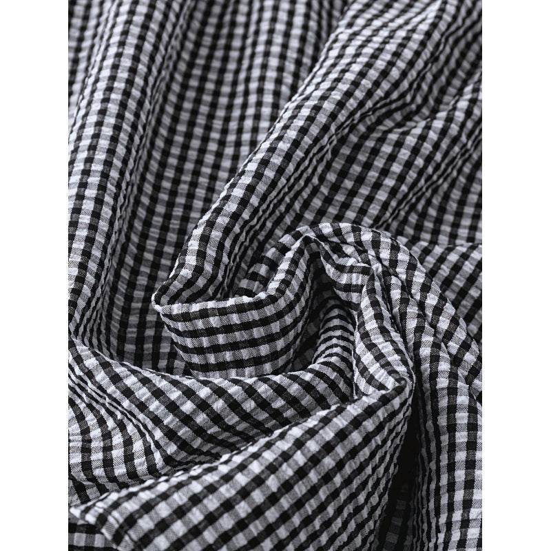 Plaid-print Short-sleeve Crew-neck Top With Trim And Pleats