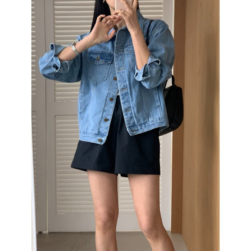 Retro Simple Single-breasted Regular Washed Denim Jacket