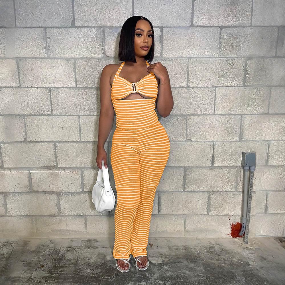 Outerwear Paired With Slim-fit Pencil Pants Two-piece Jacquard Striped Set