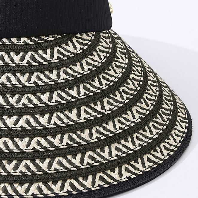 The Color-blocking Texture Foldable Large Brim Face Cover Straw Woven Hat Is Light, Breathable, Casual And Laid-back Style. It Is An Open-top Sun Hat For Outdoor Vacation And Travel