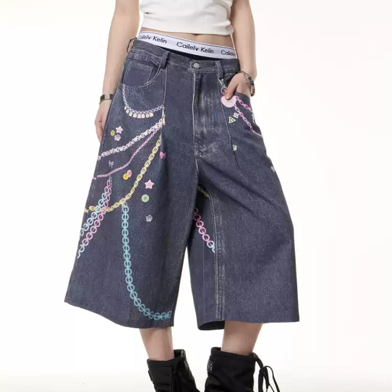 Retro Color Chain Printed Cropped Jeans For Women