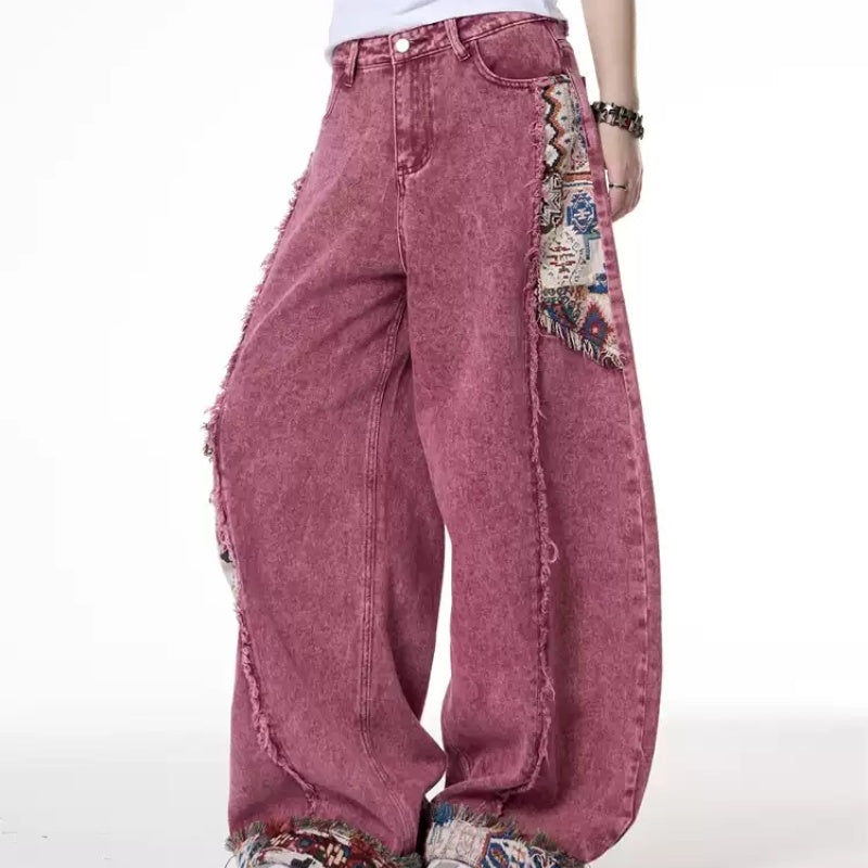 Retro Distressed Stitching Embroidered Jeans Women's Summer Loose Straight