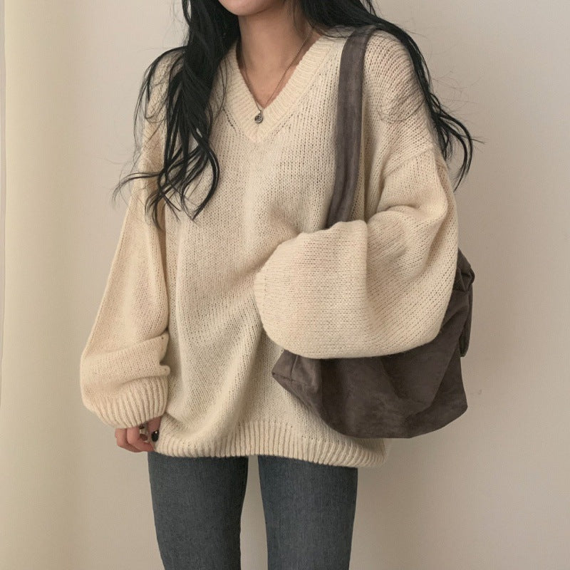 Women's V-neck Solid Color Pullover Long Sleeve Sweater