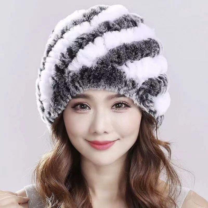 Womens Rex Rabbit Fur Knitted Spiral Pineapple Hat