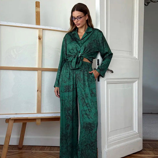 Womens Light-Luxury Printed Long-Sleeve Pajama Set With Pants