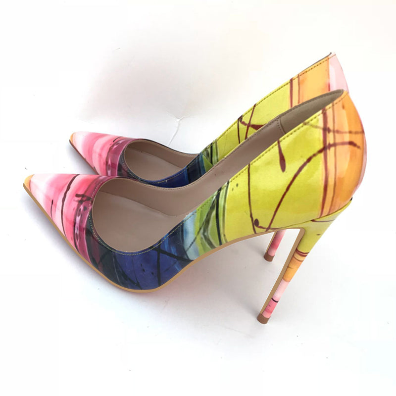 European And American Yellow High Heels Women's Pointed Toe Stiletto Heels Colorblock Low-cut Pumps Tide