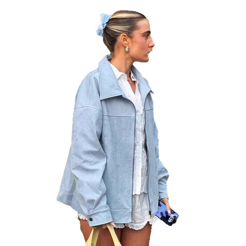 European And American Blue Suede Coat