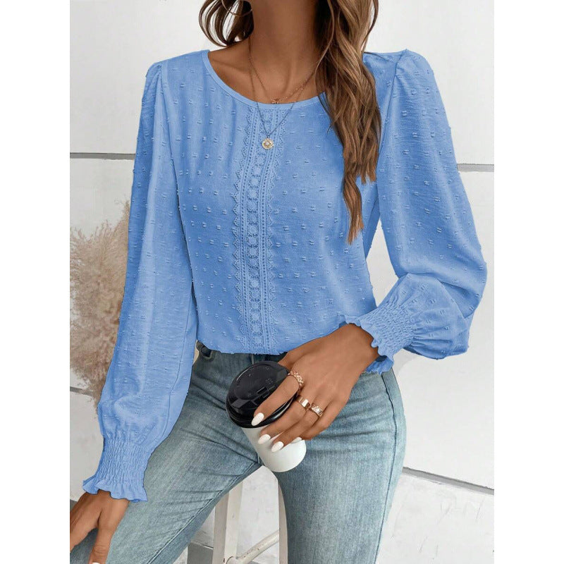 Womens Casual Top With Dotted Lace Trim And Lantern Sleeves