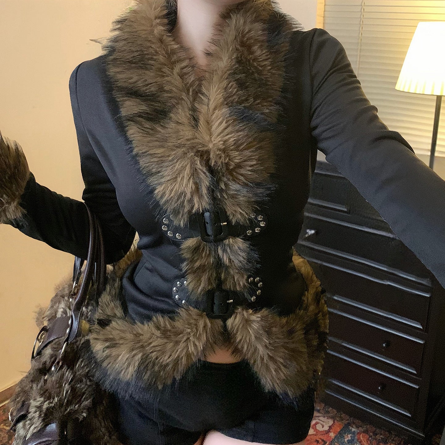Retro Fuzzy Patchwork Leather-Button Cinched Waist Cardigan