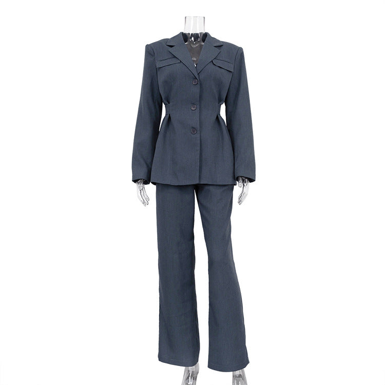 Sophisticated Lapel Waist-cinched Blazer And Casual Trousers Set