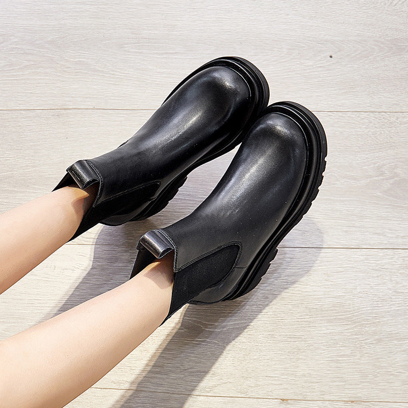 Leather Martin Boots Women's Thick-soled Inner Heightening Casual Korean