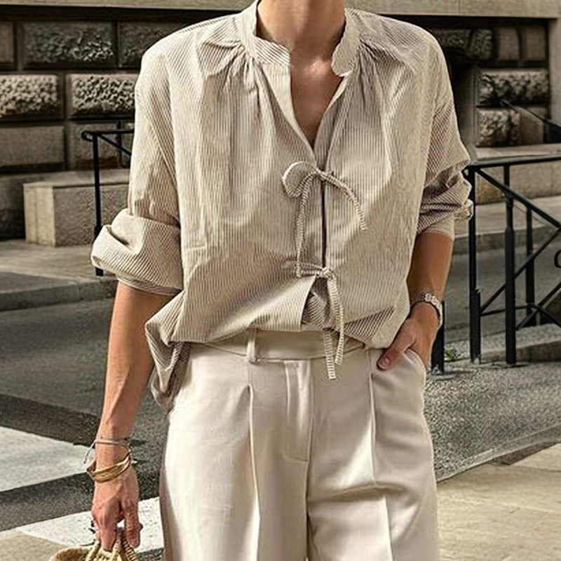 Women's Striped Front-tie V-neck Casual Lazy Feel Shirt