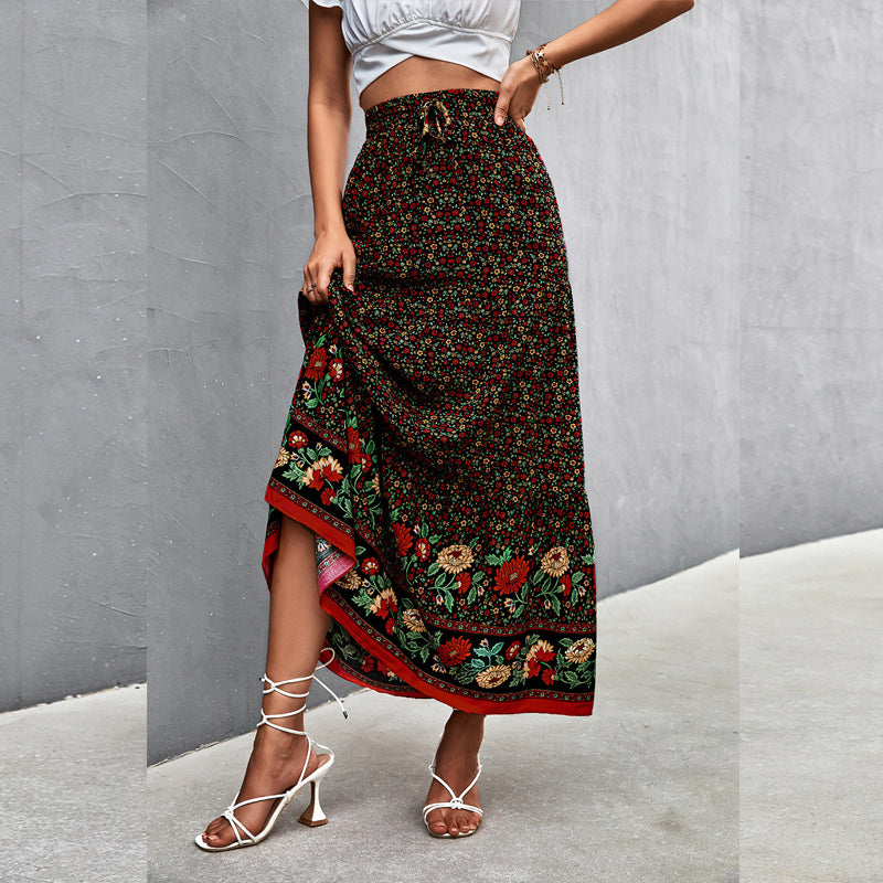 European And American Spring And Summer High Waist Floral Long Skirt