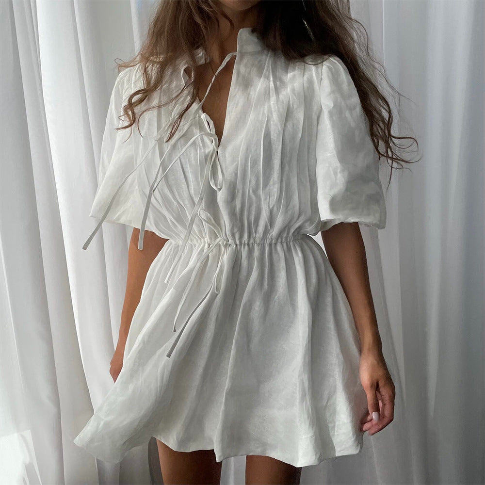Stand-collar Sweet Lace-up Pleated Waist-cinched A-line Dress