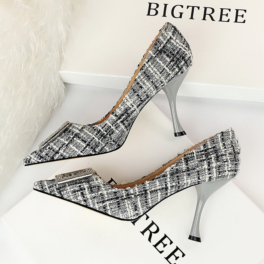 Shallow Mouth Pointed Toe Color-blocking Cloth Metal Rhinestone Square Buckle Single Shoes
