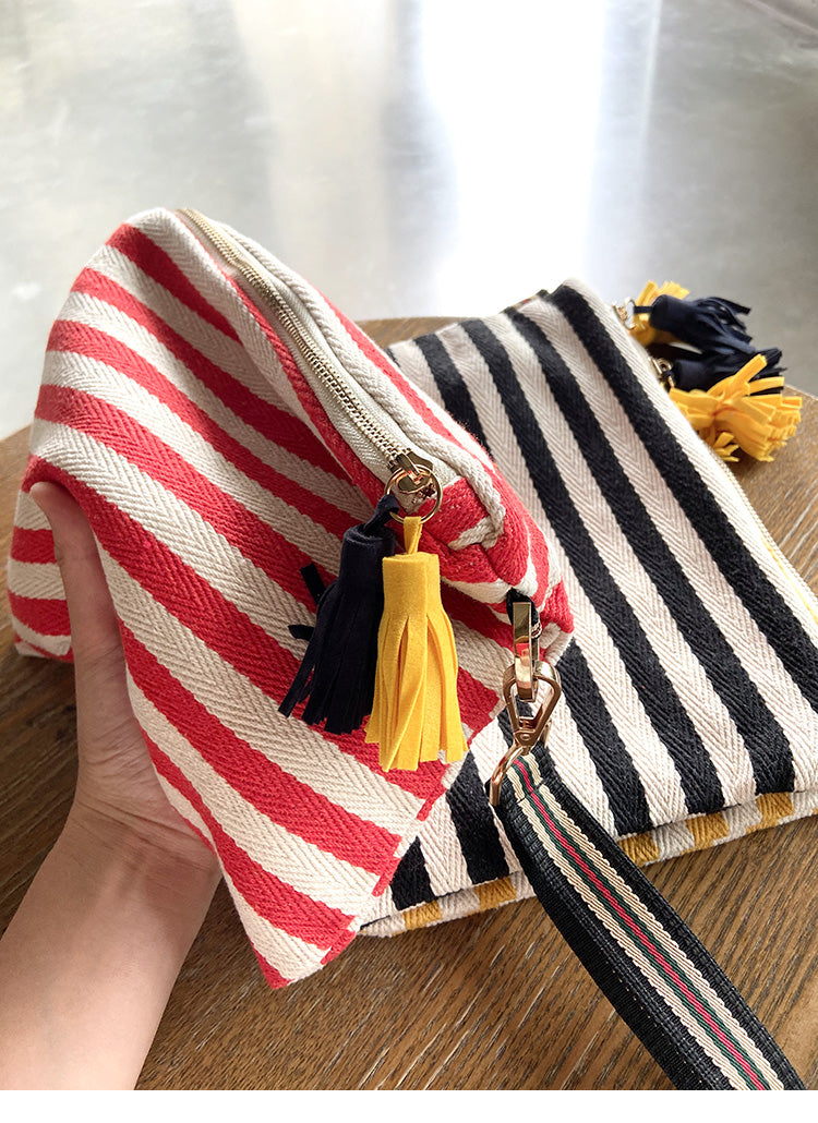 Striped Tassel Canvas Women's Hand Hold Canvas Makeup Bag
