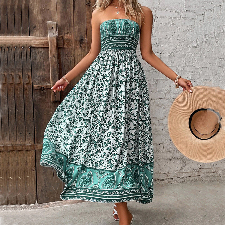 European And American-style Printed Backless Tube Dress
