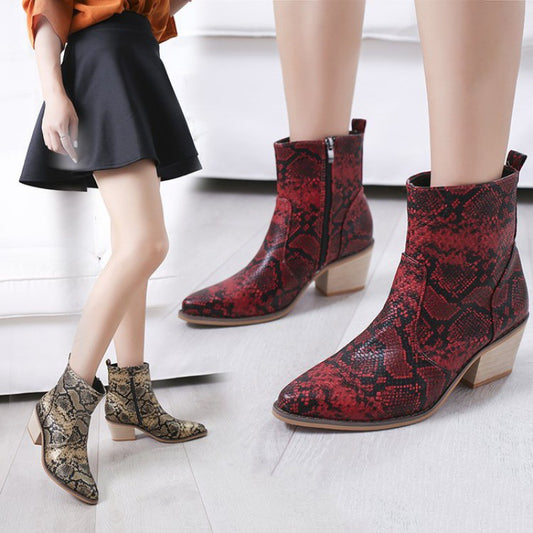 Snake Print Square Toe Thick Heel Sexy Short Boots With Side Zipper