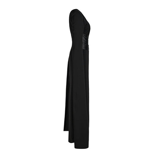 Womens Asymmetrical Black Waist-Cinching Sleeveless Dress With A Slant Neckline