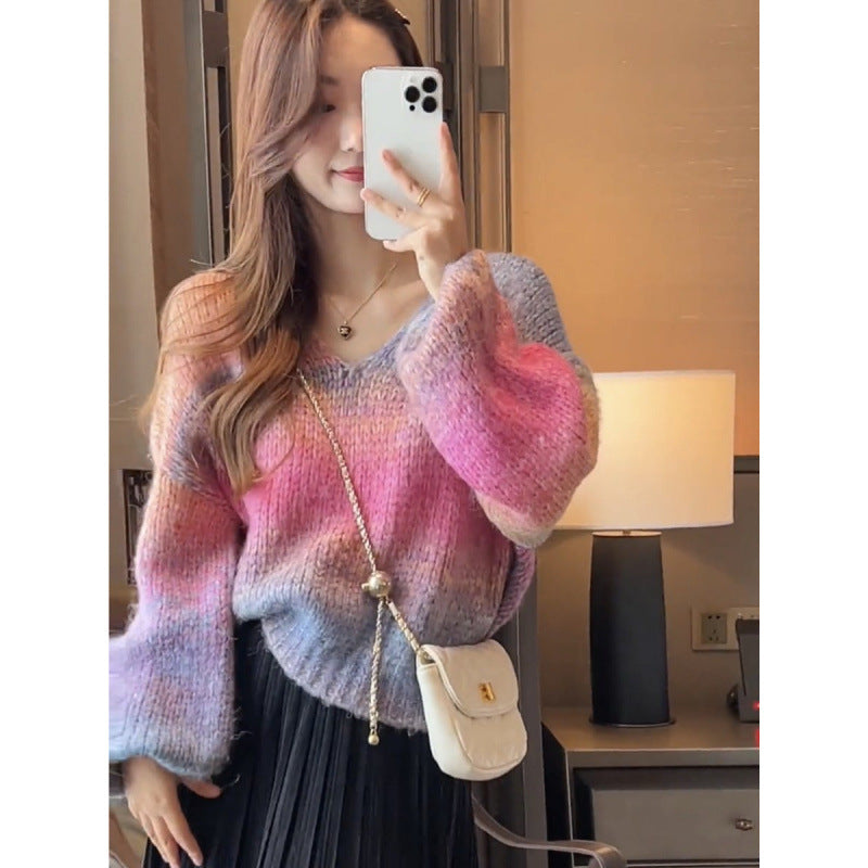 Lazy Fashion V-neck Striped Gradient Sweater