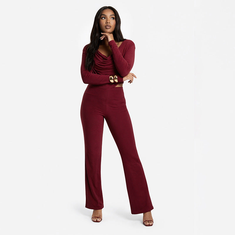 Solid-color Casual Boat-neck Long-sleeve Top And Slim-fit Pants Set